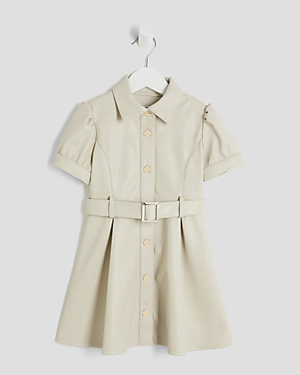 Mini Girls Cream Faux Leather Shirt Dress