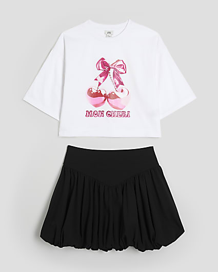 Girls Beige Cherry Bubble Hem Skirt Set