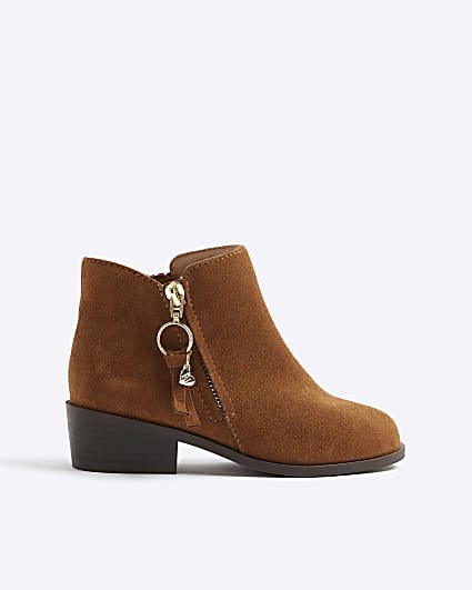 Girls Brown Faux Suede Zip Ankle Boots