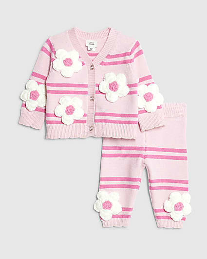 Baby Girls Pink Stripe Flower Cardigan Set