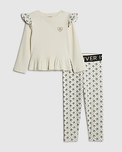 Mini Girls Cream Bow Ribbed Top Set