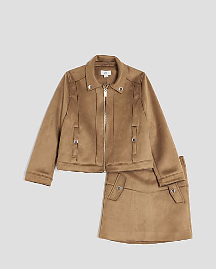 Girls Brown Suede Skirt Set
