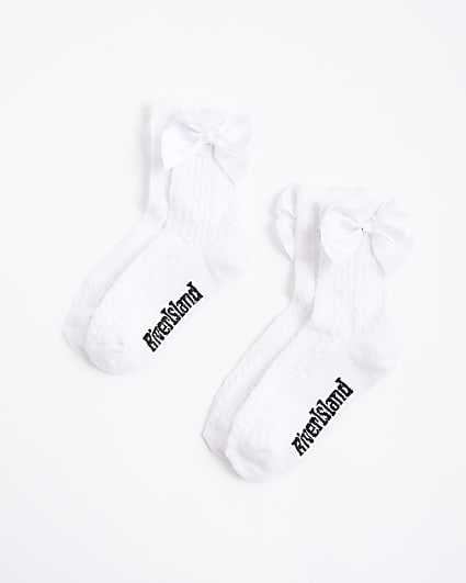 Mini Girls White Pack Of 2 Bow Ankle Socks