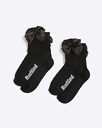 Mini Girls Black Pack Of 2 Bow Ankle Socks