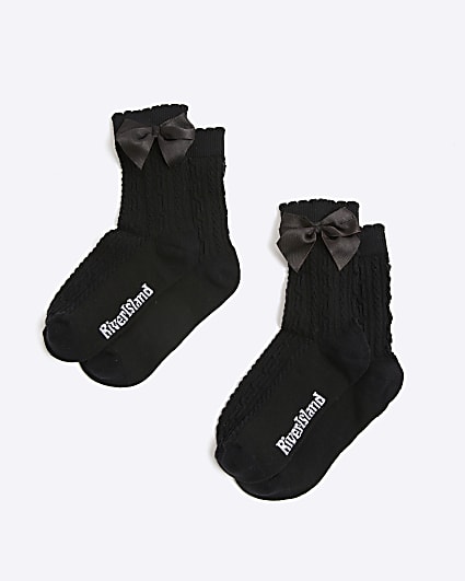 Girls Black Pack Of 2 Bow Back Ankle Socks