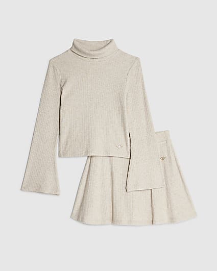 Girls Beige Cosy Top And Skort Set