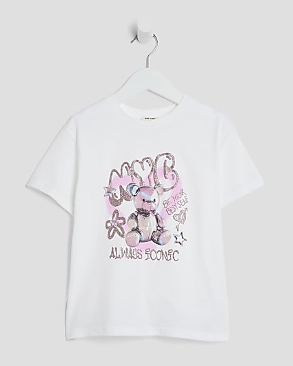 Mini Girls White Graffiti Bear T-Shirt