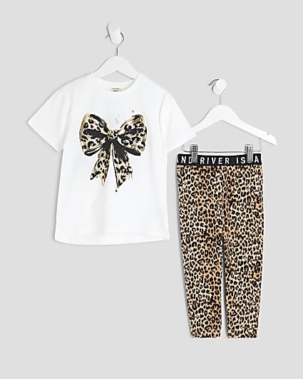 Mini Girls White Leopard Bow Leggings Set