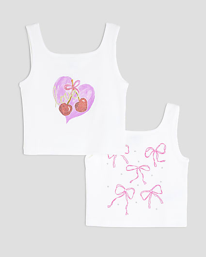 Girls White Cherry And Bow Set Of 2 Tank Tops