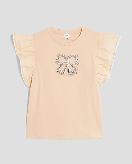 Coral Diamante Bow Frill T-shirt