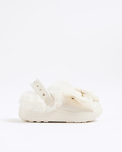 Mini Girls Cream Bow Fur Lined Clogs