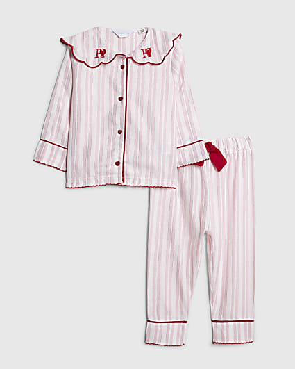 Mini Girls Pink Stripe Scallop Collar Pyjamas