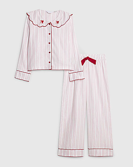 Girls Pink Stripe Scallop Collar Pyjamas