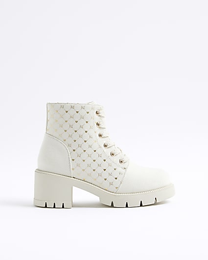 Girls Cream Canvas Monogram Heeled Boots