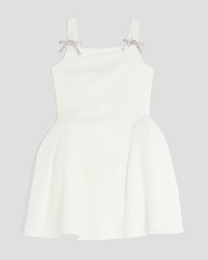 Girls White Diamante Bow Skater Dress