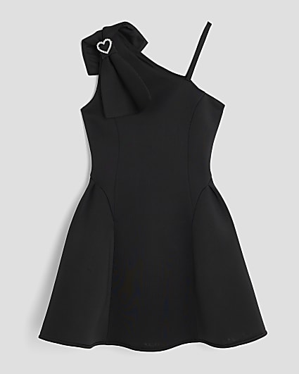 Girls Black One Shoulder Bow Skater Dress