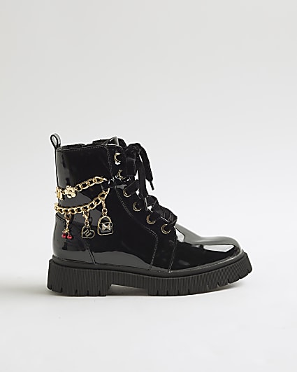 Girls Black Chain Charm Boots