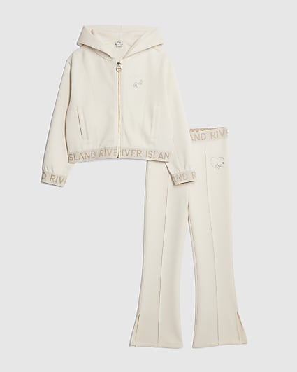 Girls Cream Premium Zipped Hoodie Set