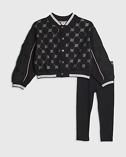 Girls Black Embellished Bomber Jacket Set