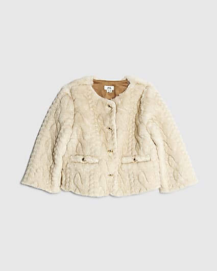 Mini Girls Cream faux fur cable jacket