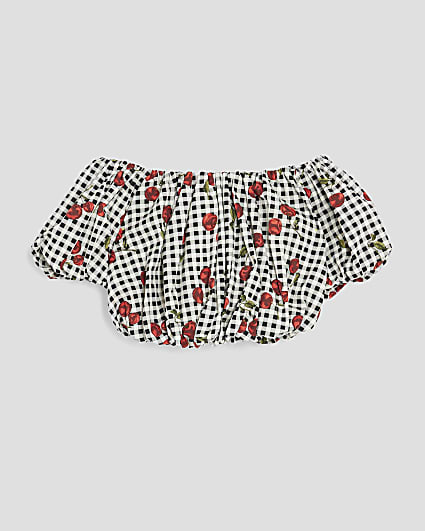 Girls Black Gingham Cherry Crop Top