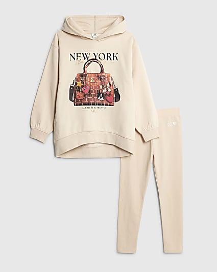 Girls Beige Graphic Hoodie And Leggings Set