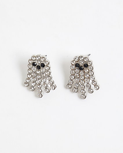 Girls Silver Halloween Ghost Stud Earrings