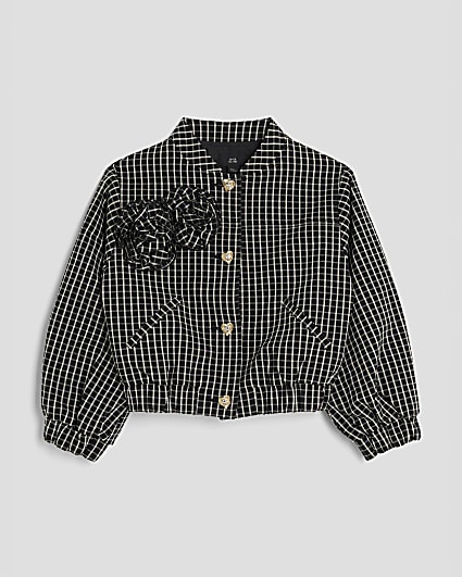 Girls Black Check Bomber Jacket