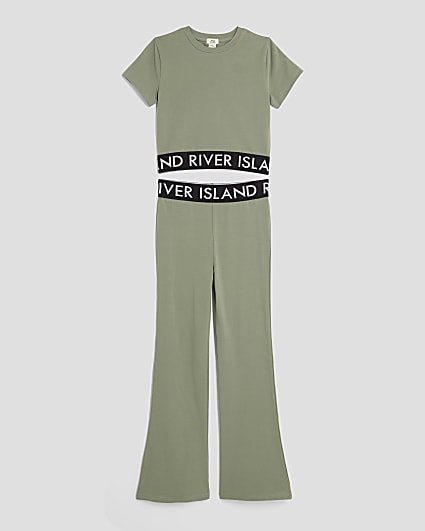 Girls Khaki T-shirt And Flared Leggings Set