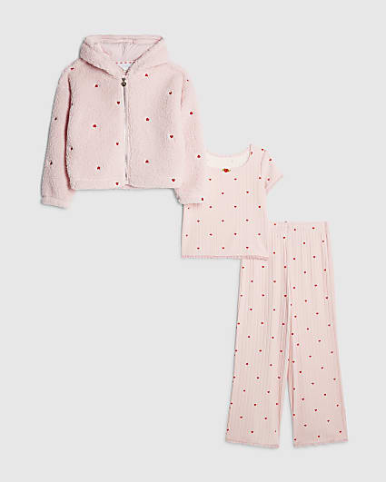 Girls Pink Heart Hoodie Pyjamas 3 Piece Set