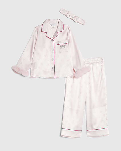 Mini Girls Pink Fur Cuff Satin Pyjamas Set