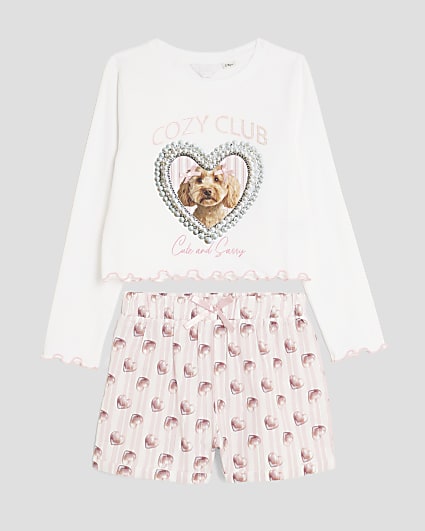 Girls Pink Puppy Bow Heart Pyjama Set