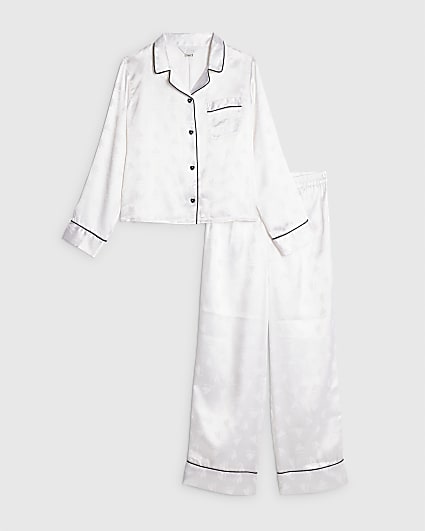 Girls White Heart Jacquard Satin Pyjamas