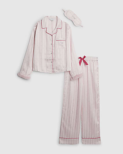 Girls Pink Diamante Faux Fur Cuff Pyjamas Set