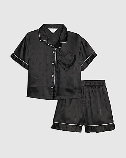 Girls Black Satin Heart Pyjamas Set