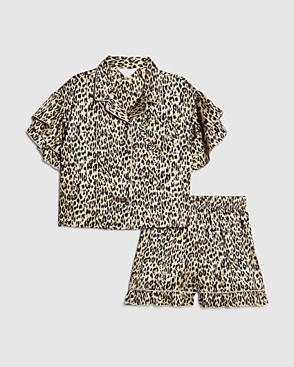 Girls Brown Satin Leopard Print Pyjamas Set