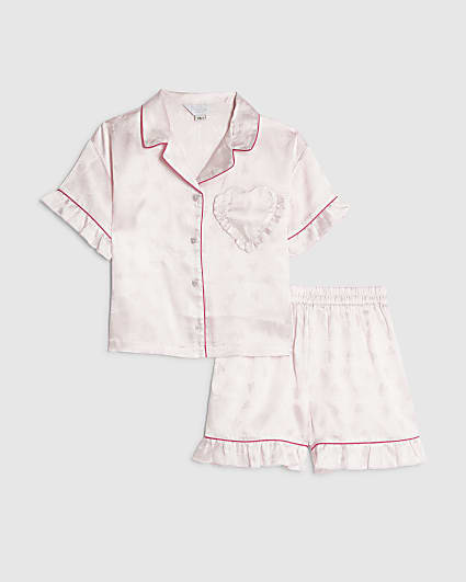 Girls Pink Satin Heart Shorts Pyjamas Set