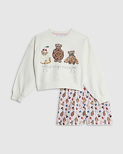 Girls Cream Pastry Bear Pyjamas Set