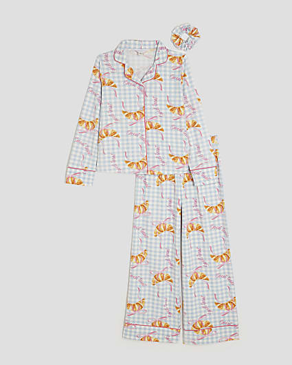 Girls Blue Gingham Croissant Pyjama Set