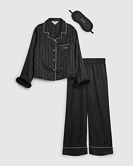 Girls Black Faux Fur Cuff Pyjamas Set