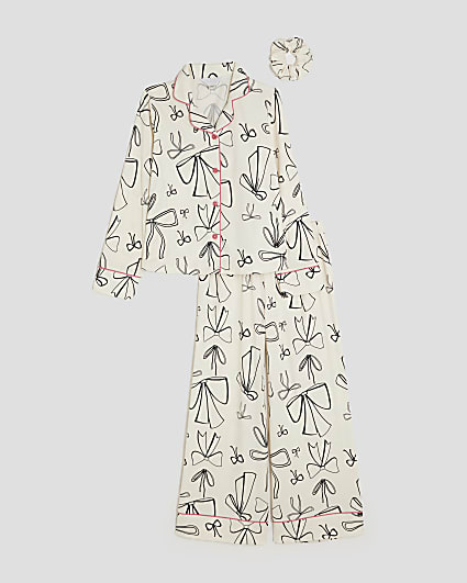 Girls White Bow Monogram Pyjamas Set