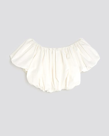 Girls White Bardot Bubble Hem Crop Top