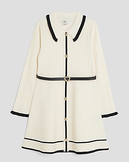 Girls Cream Tipped Belted Skater Dress