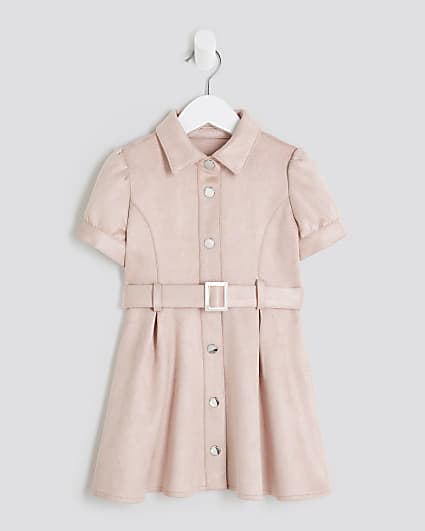 Mini Girls Pink Suedette Faux Belted Dress