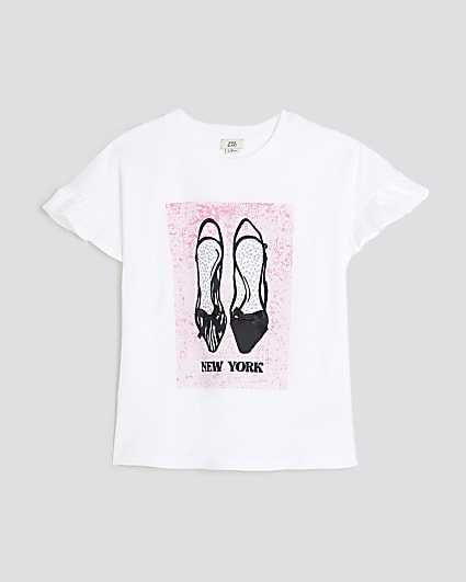 Girls White Pink Shoe Frill T-Shirt