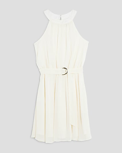 Girls White Halter Neck Dress