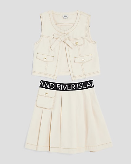 Girls Cream Gilet And Skirt Set