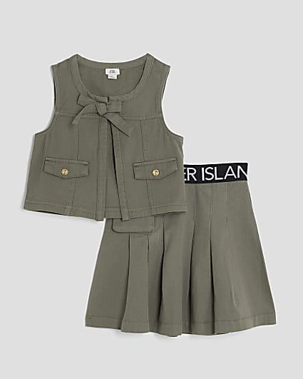 Girls Khaki Gilet Waistband And Skirt Set