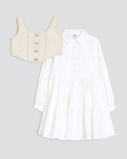 Girls White Waistcoat Shirt Dress