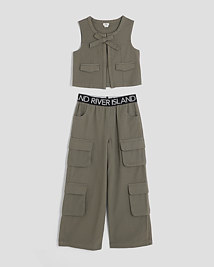 Girls Khaki RI Waistband Cargo Trousers Set